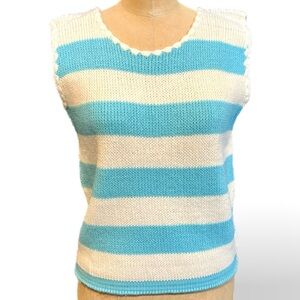 VINTAGE 70s aqua teal horizontal striped‎ knit sweater sleeveless tank top vest